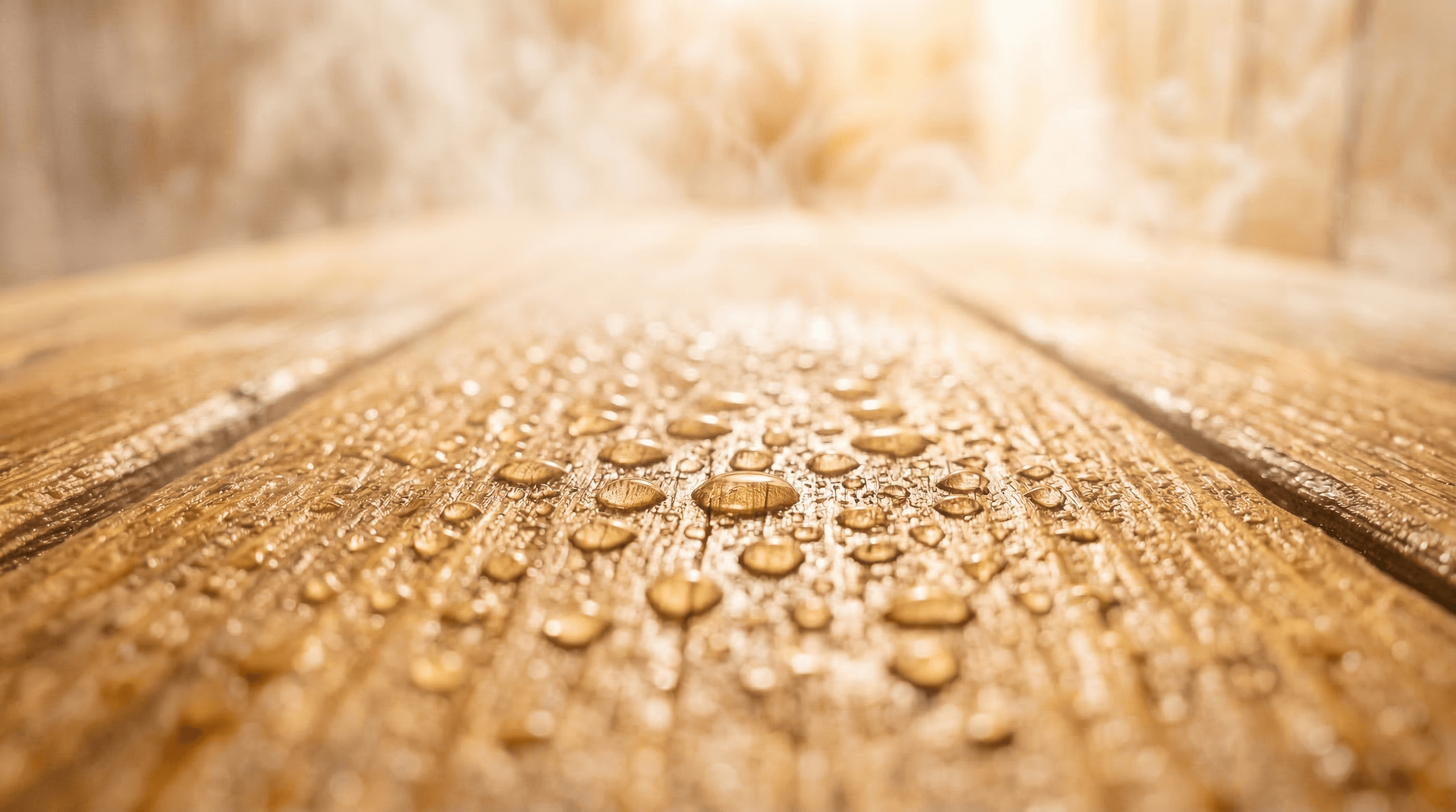 Wassertropfen auf warmer Saunabank-Oberfläche — Hintergrund