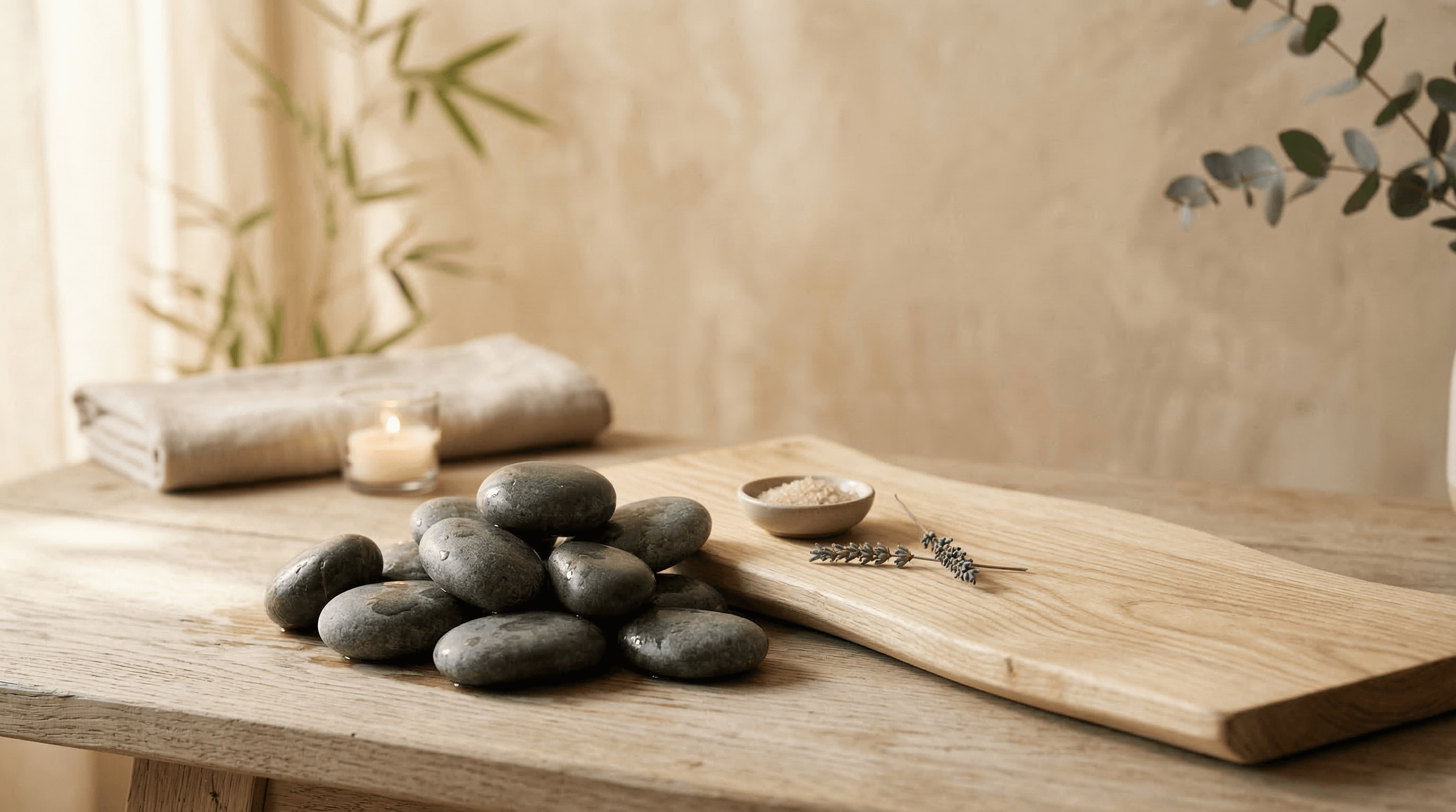 Flusssteine und Holz in warmem Spa-Ambiente — Hintergrund