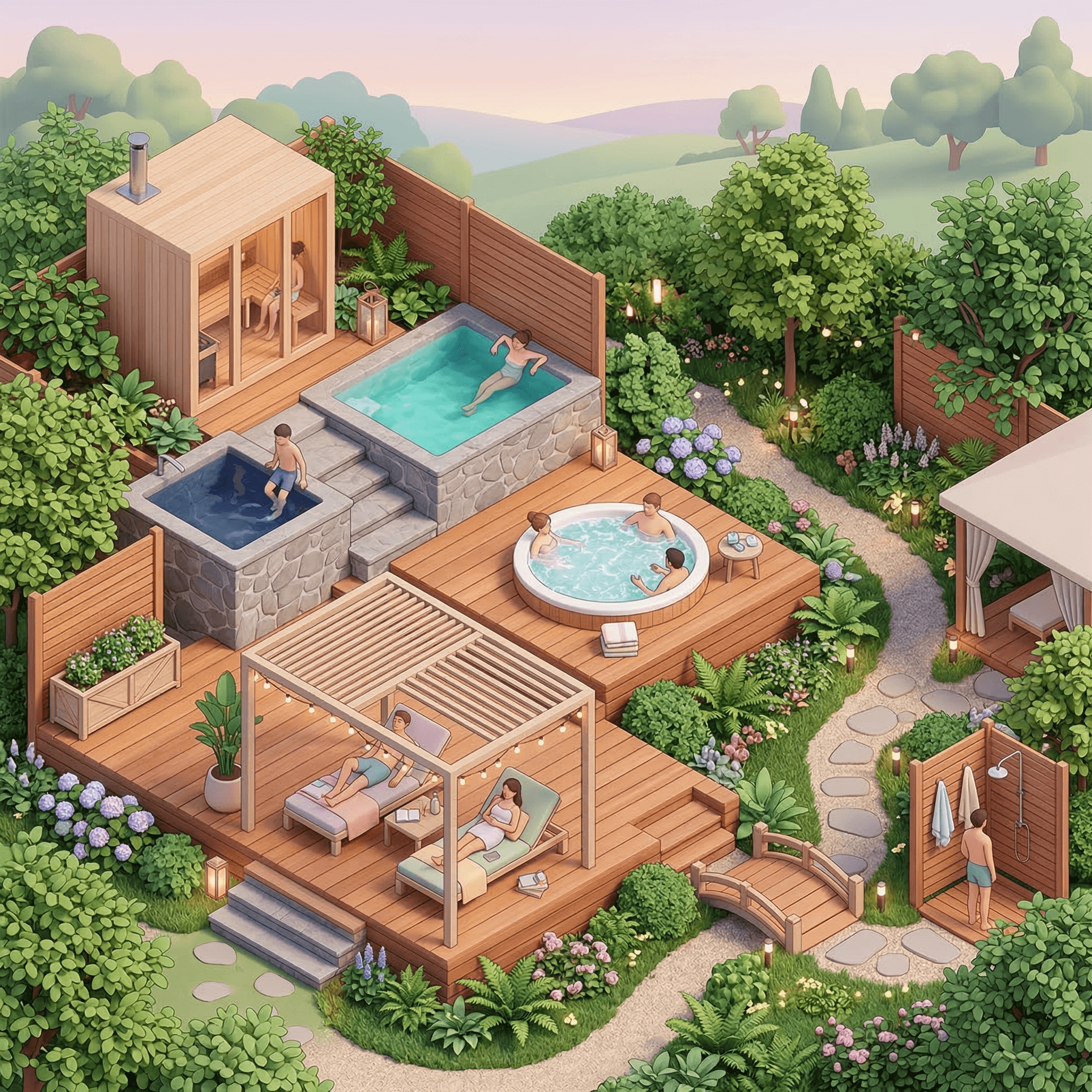 3D-Illustration eines kompletten Wellness-Bereichs mit Sauna, Whirlpool und Garten