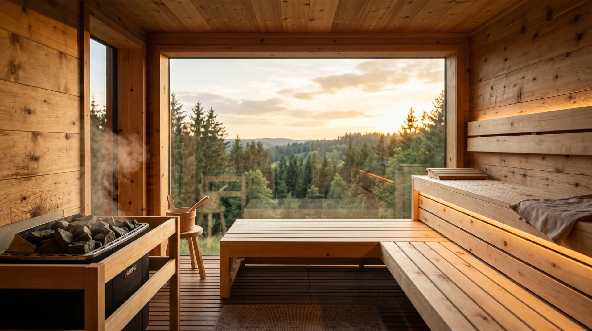 Premium Maßsauna aus Zirbenholz mit Panoramafenster und Blick in eine niederbayerische Landschaft