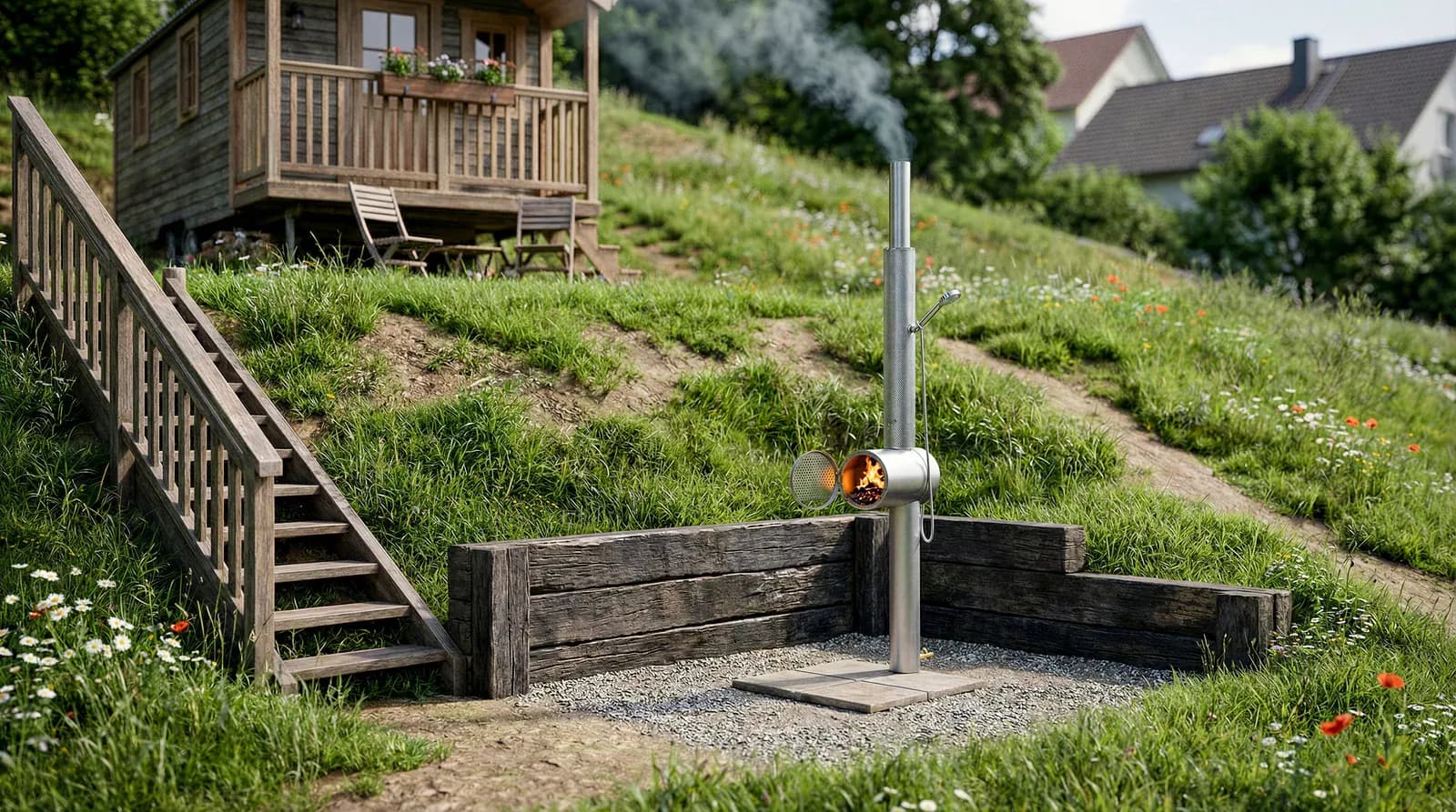 Feuerwasser Outdoor-Dusche auf einer Garten-Terrasse