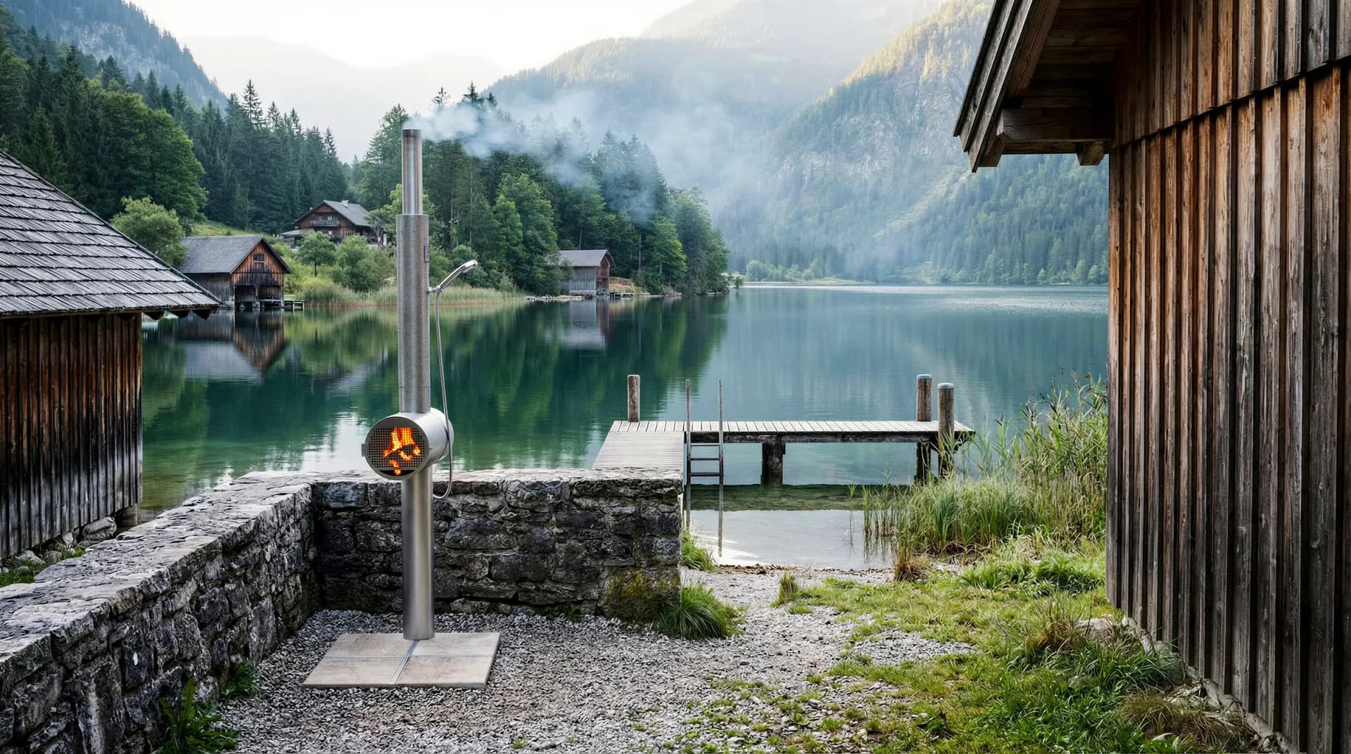 Feuerwasser Outdoor-Dusche mit Holzbefeuerung am See