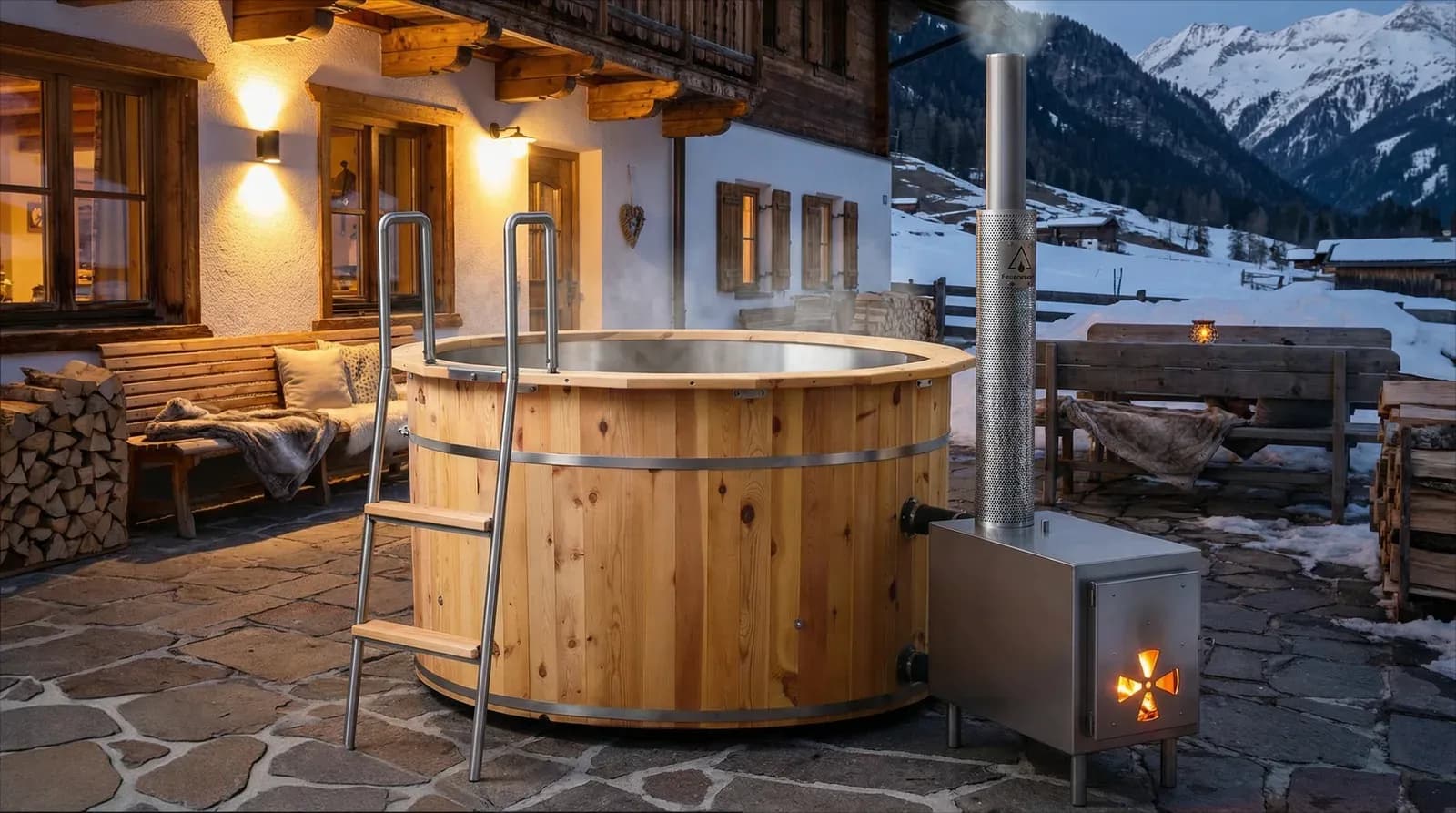 Edelstahl-Badefass am Chalet im Winter