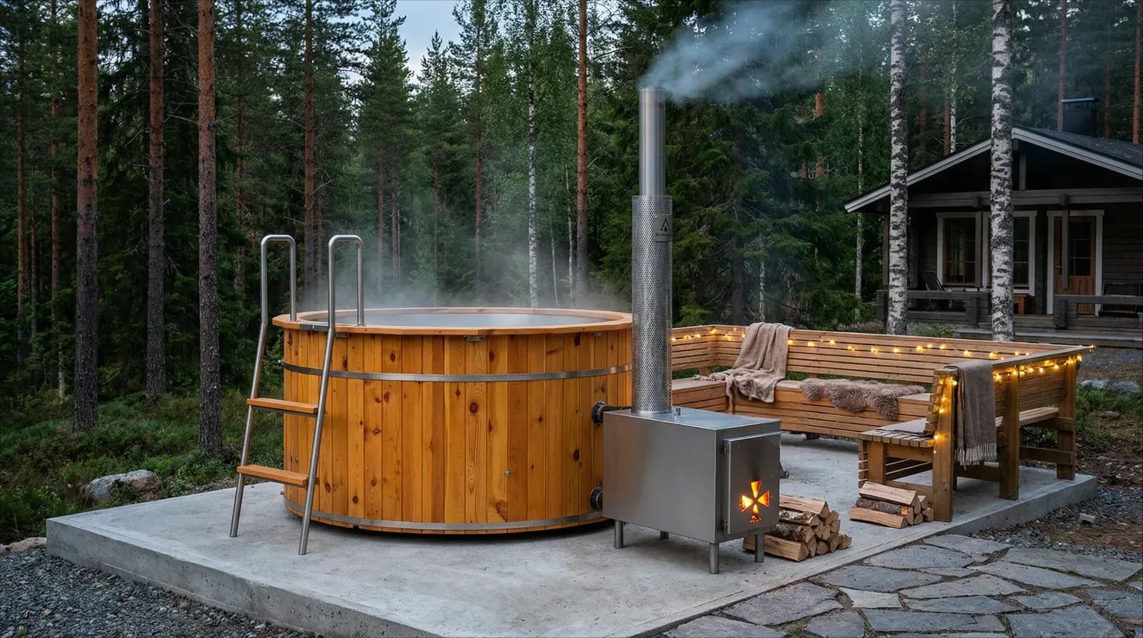 Edelstahl-Badefass am Waldrand mit Holzofen