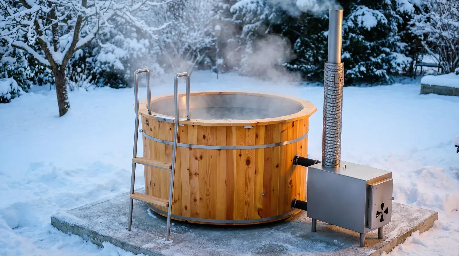 Dampfendes Badefass im Schnee