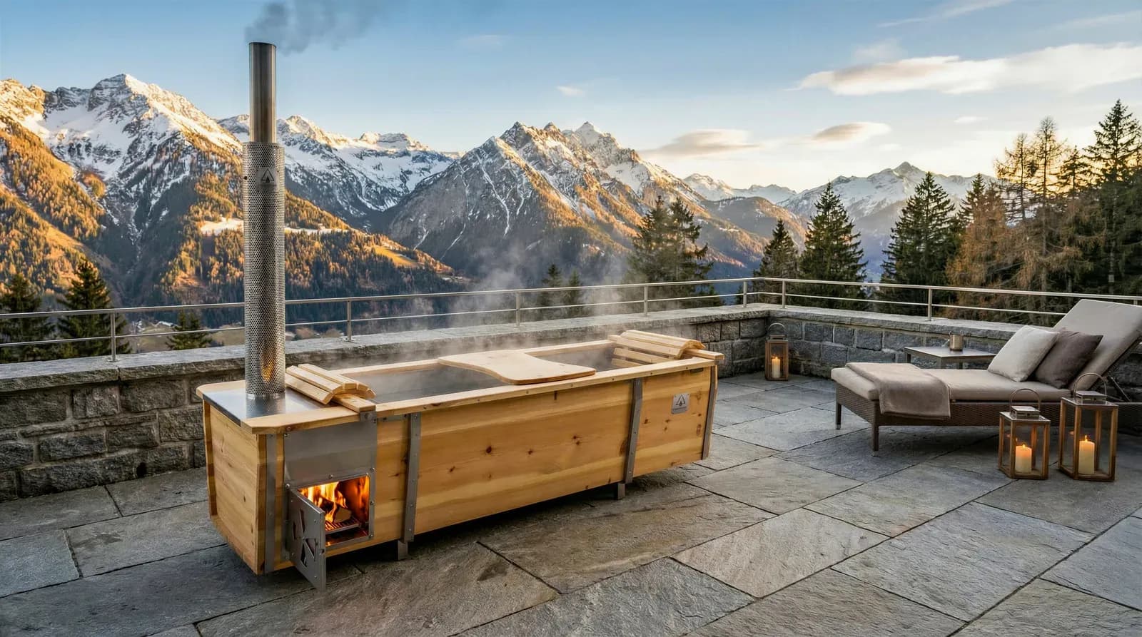 Outdoor-Badewanne mit Bergpanorama