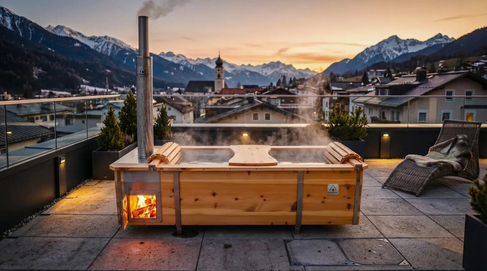 Outdoor-Badewanne auf der Terrasse mit Bergblick