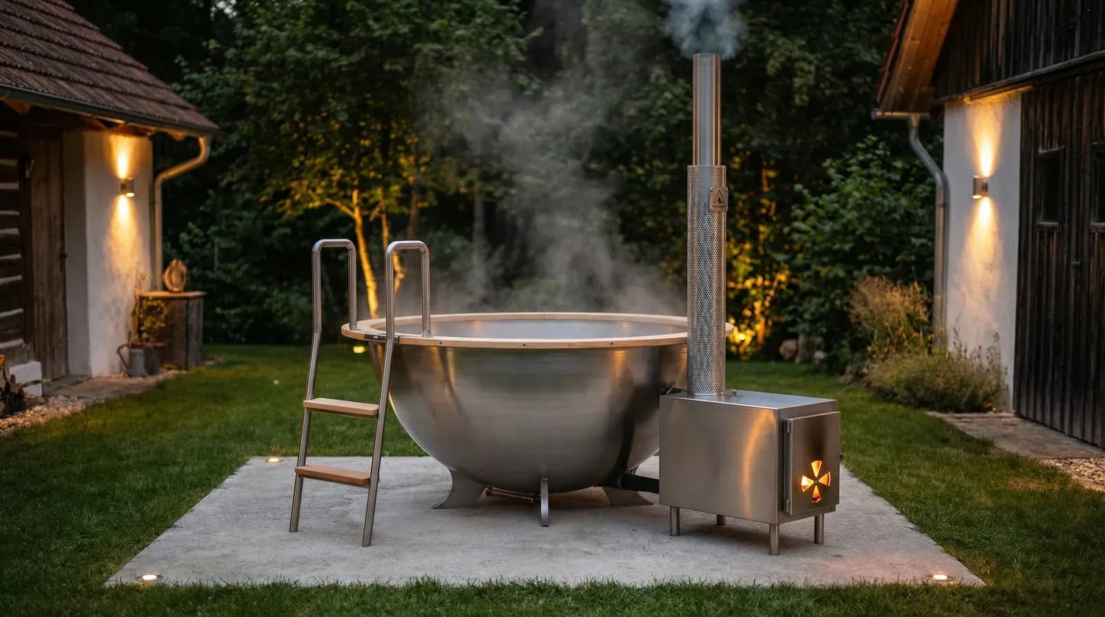 Edelstahl-Badezuber abends im Garten