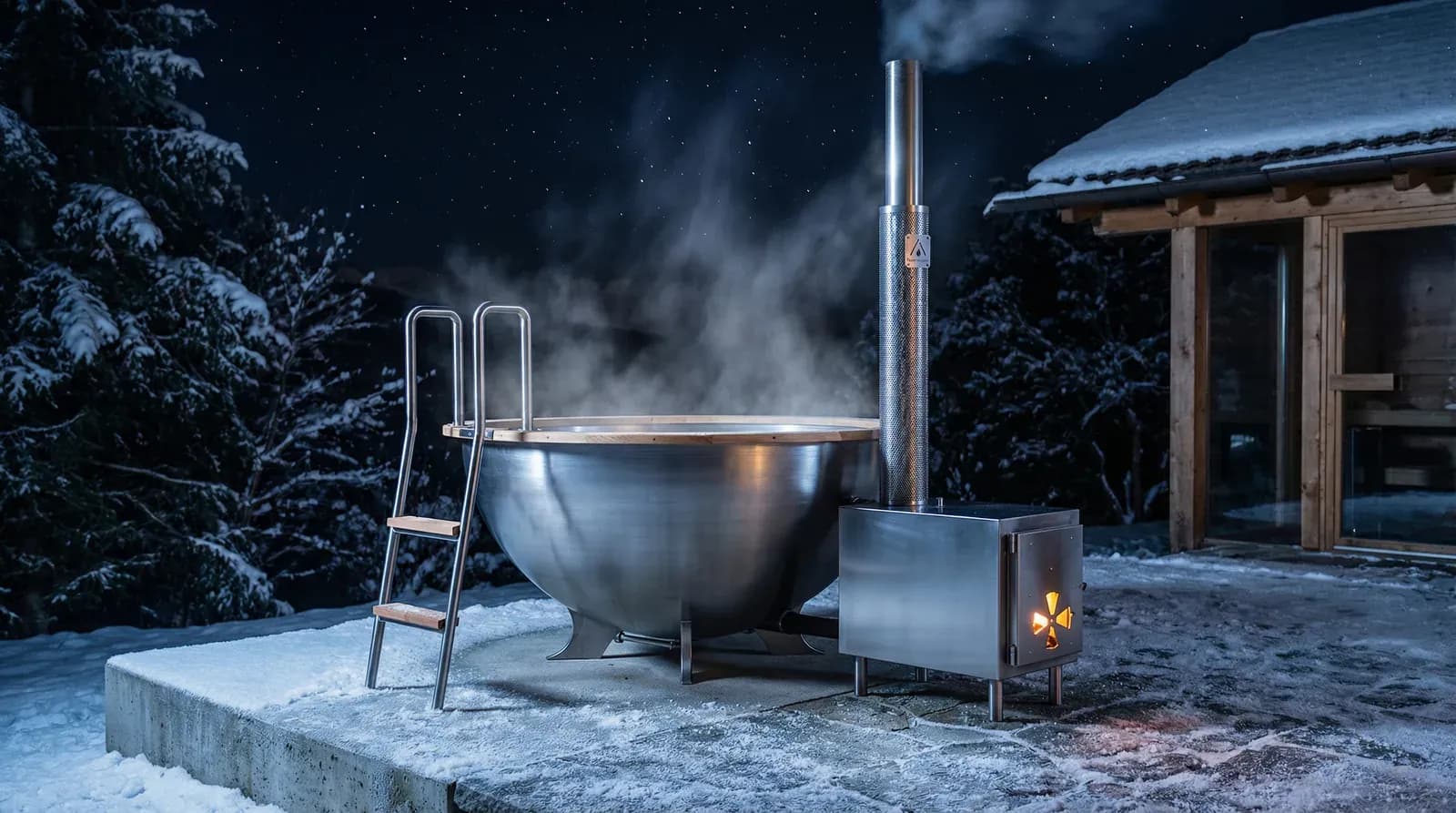 Edelstahl-Badezuber, dampfend in der Winternacht