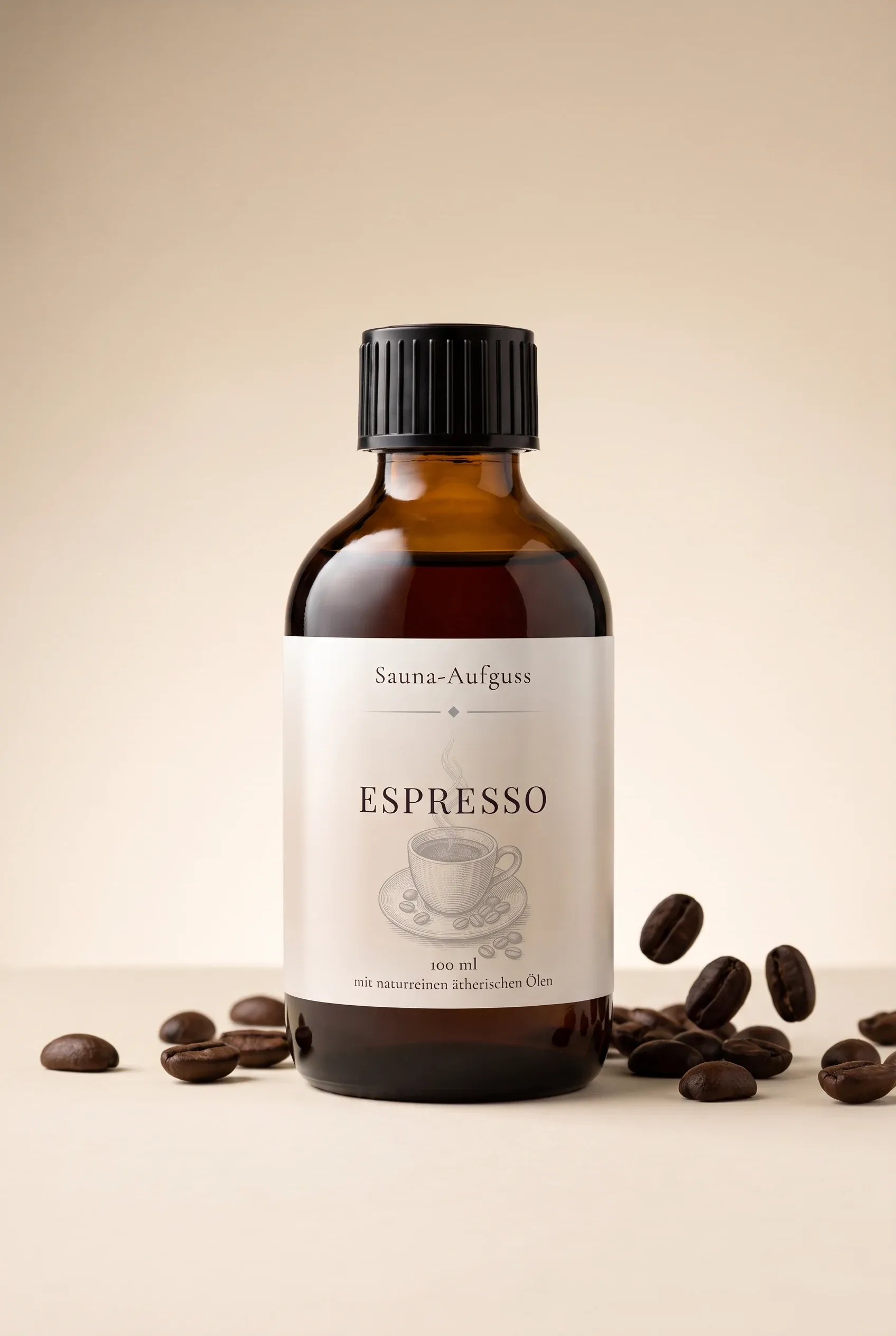 Hein Sauna-Aufguss Espresso 100 ml in brauner Apothekerflasche, daneben geroestete Espressobohnen
