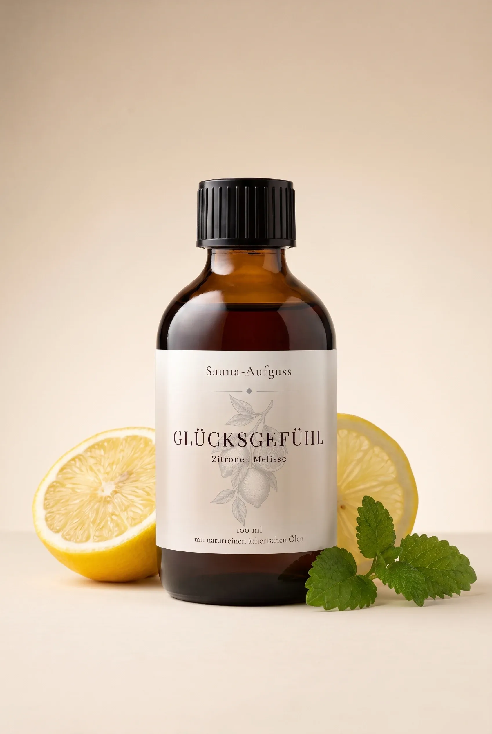 Hein Sauna-Aufguss Gluecksgefuehl 100 ml mit Zitrone und Melisse in brauner Apothekerflasche, daneben halbierte Zitrone und Melissenblaetter
