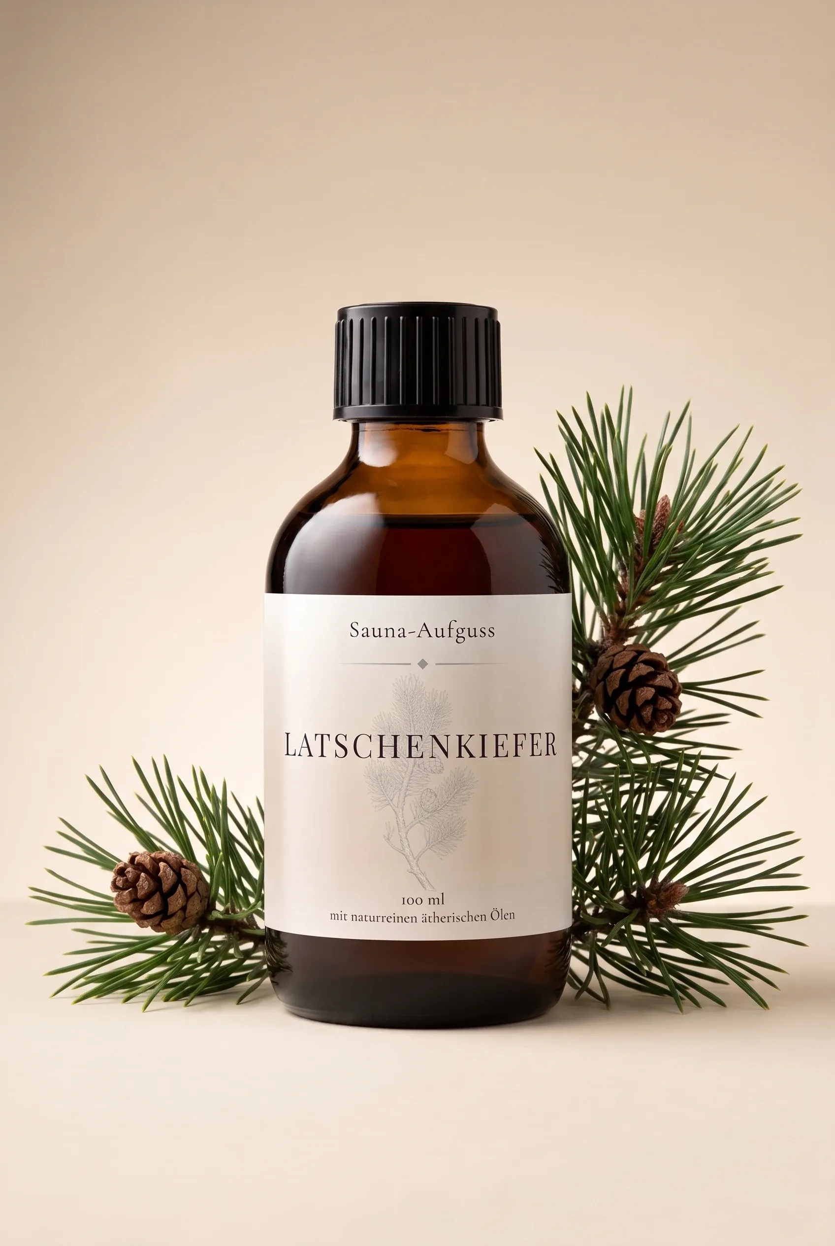 Hein Sauna-Aufguss Latschenkiefer 100 ml in brauner Apothekerflasche, daneben Latschenkiefernzweige und kleine Zapfen