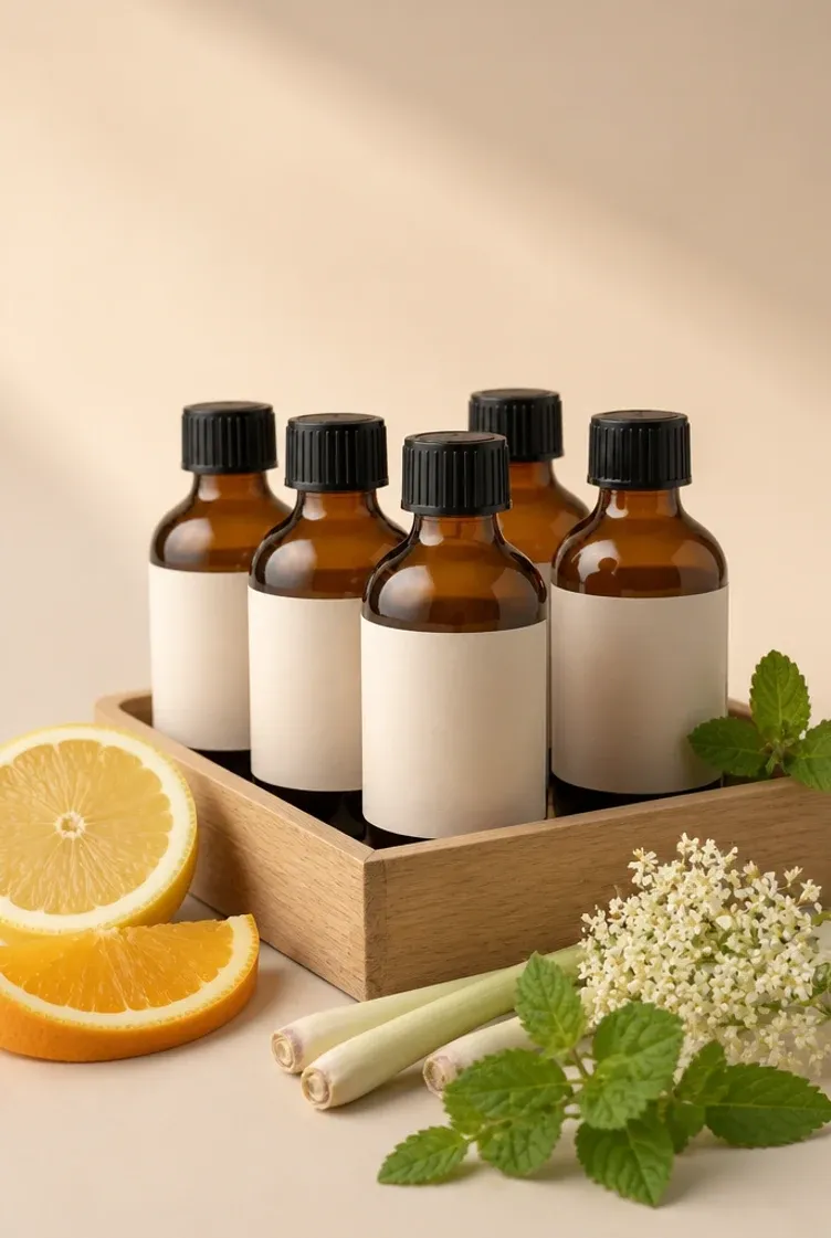 Fünf Aufgussflaschen des Pakets Frischekur in einer Holzkiste, daneben Zitrone, Orange, Zitronengras und Holunderblüte
