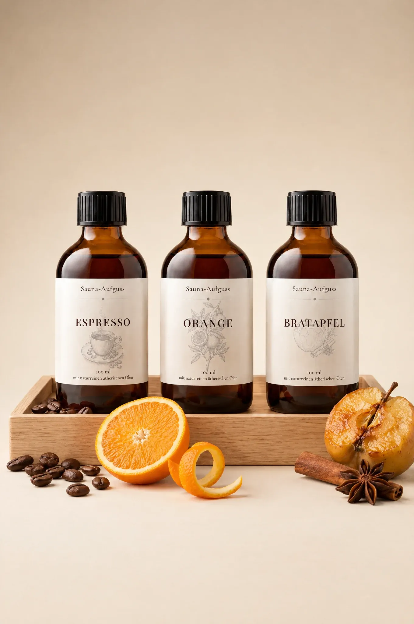 Aufguss-Paket Special Edition: drei Flaschen Sauna-Aufguss mit den Etiketten Espresso, Orange und Bratapfel in einem Holztablett