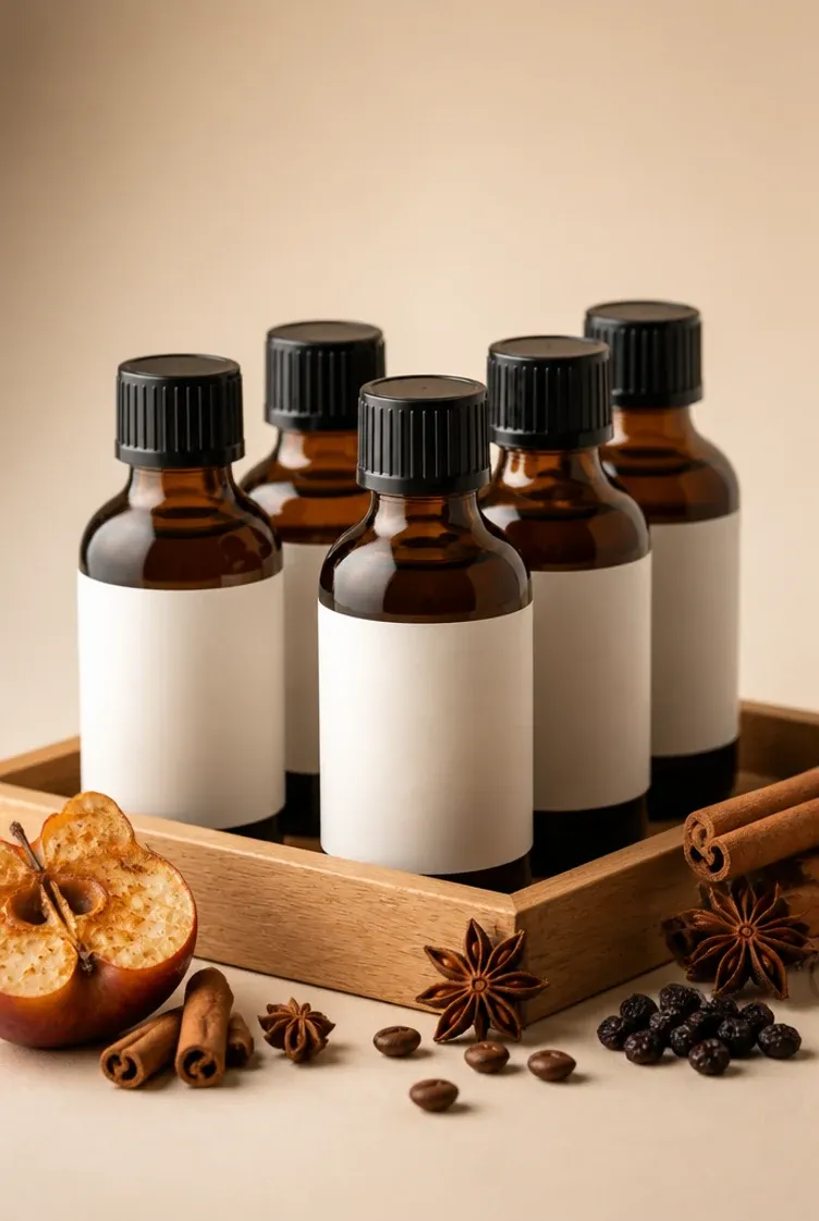 Fünf Aufgussflaschen des Pakets Winterabend in einem Holztablett, daneben Bratapfel, Zimtstangen, Sternanis und Kaffeebohnen