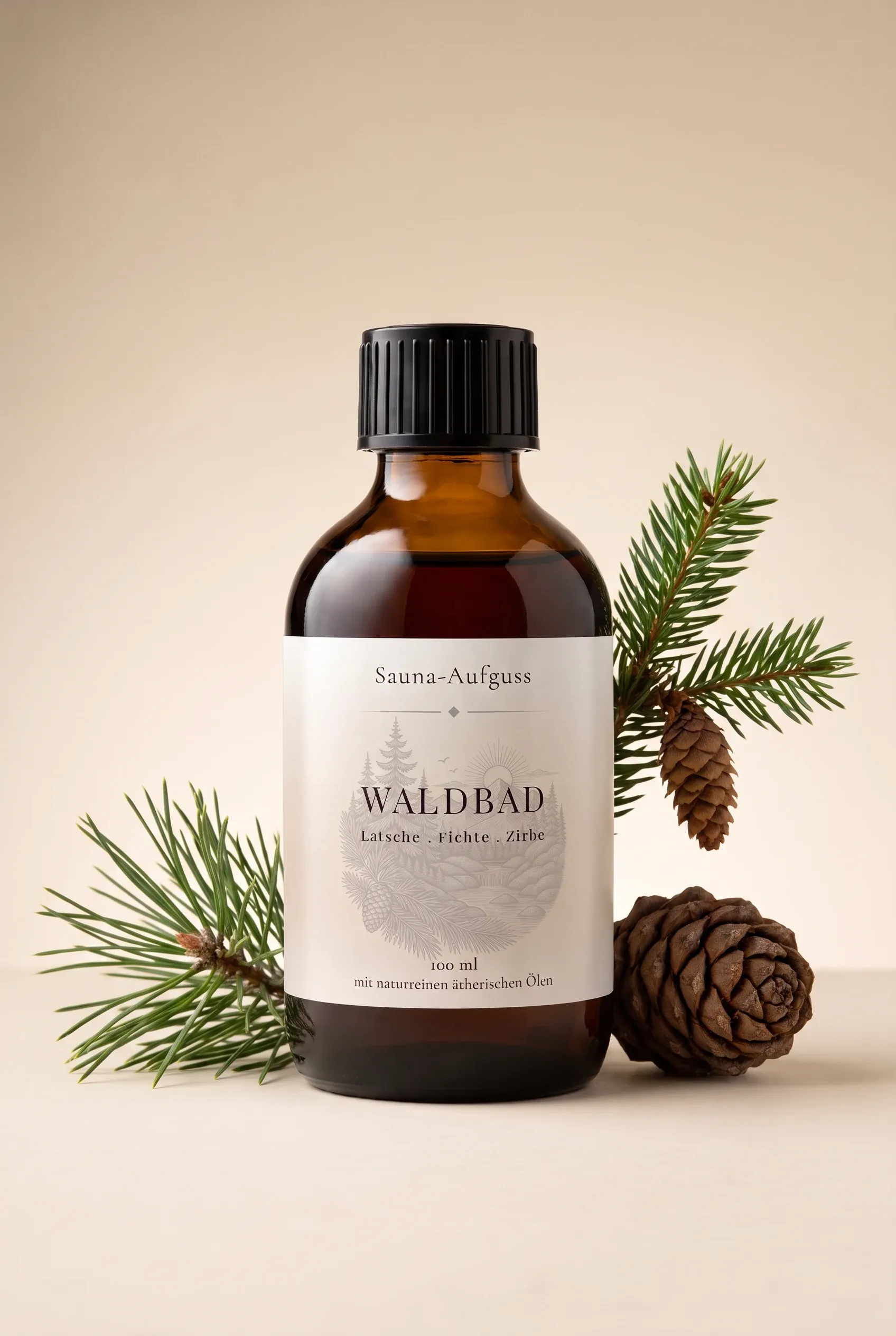 Hein Sauna-Aufguss Waldbad 100 ml mit Latsche, Fichte und Zirbe in brauner Apothekerflasche, daneben Nadelzweige und Zapfen