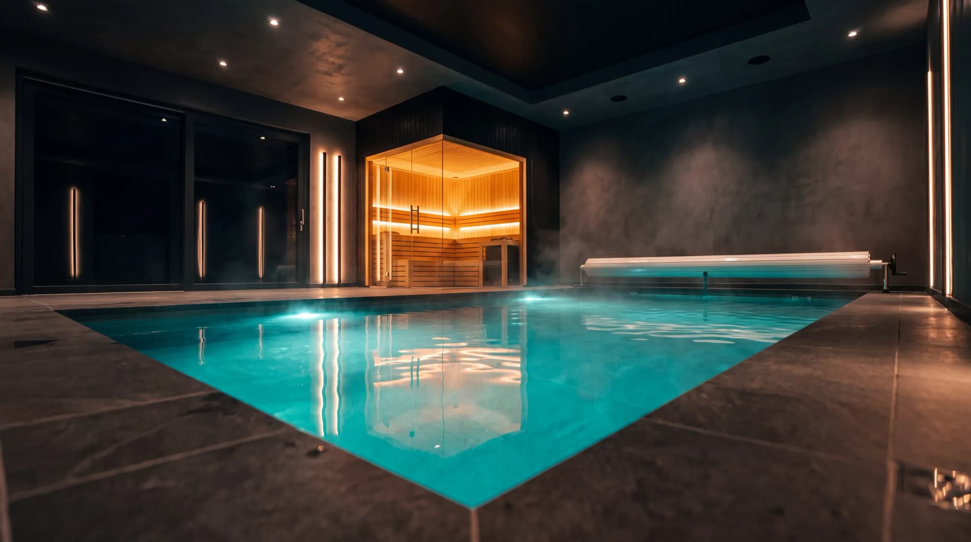 Luxuriöser privater Indoor-Pool mit türkis beleuchtetem Wasser und integrierter Eck-Sauna mit Glasfront in einem modernen Wellnessraum bei Nacht – Wellnesskonzept von Hein Wellnesskonzepte