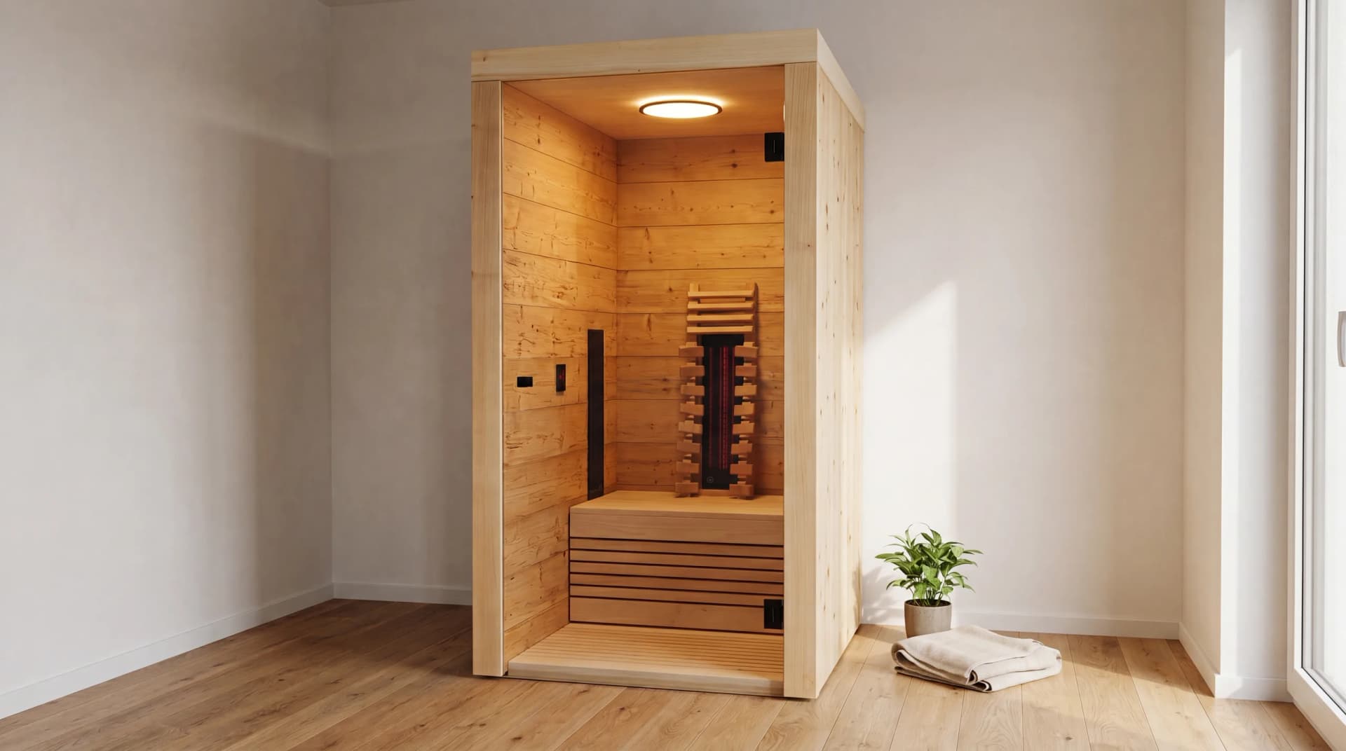 Freistehende Infrarotkabine Chalet aus hellem Massivholz mit Glastür, Karbon-Infrarotstrahler und warmer Deckenbeleuchtung in modernem Wellness-Raum – Infrarotwärme von Hein Wellnesskonzepte