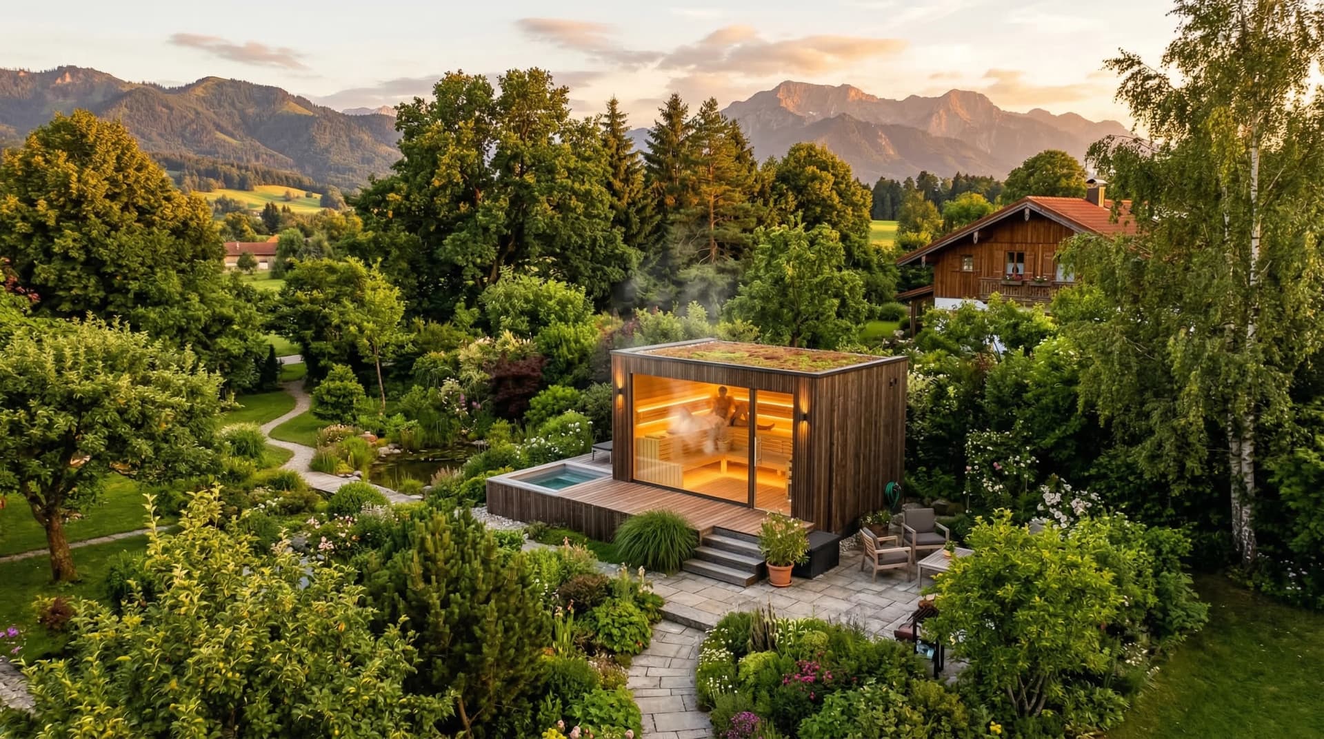 Moderne Außensauna im bayerischen Garten bei Sonnenuntergang