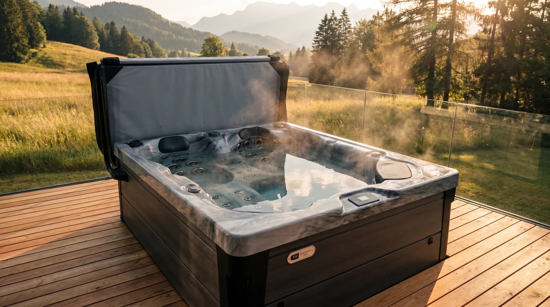 Premium Outdoor Whirlpool auf moderner Holzterrasse mit Blick in die bayerische Bergwelt im warmen Abendlicht