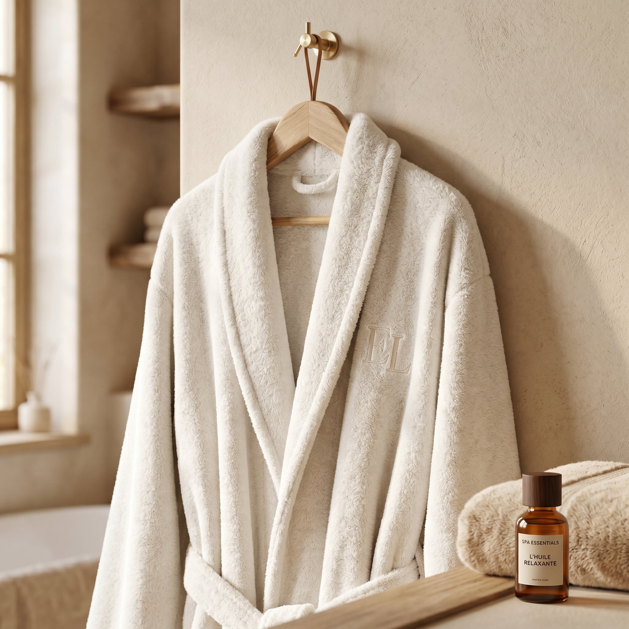 Weicher Wellness-Bademantel aus Naturweißer Baumwolle auf hölzernem Kleiderbügel