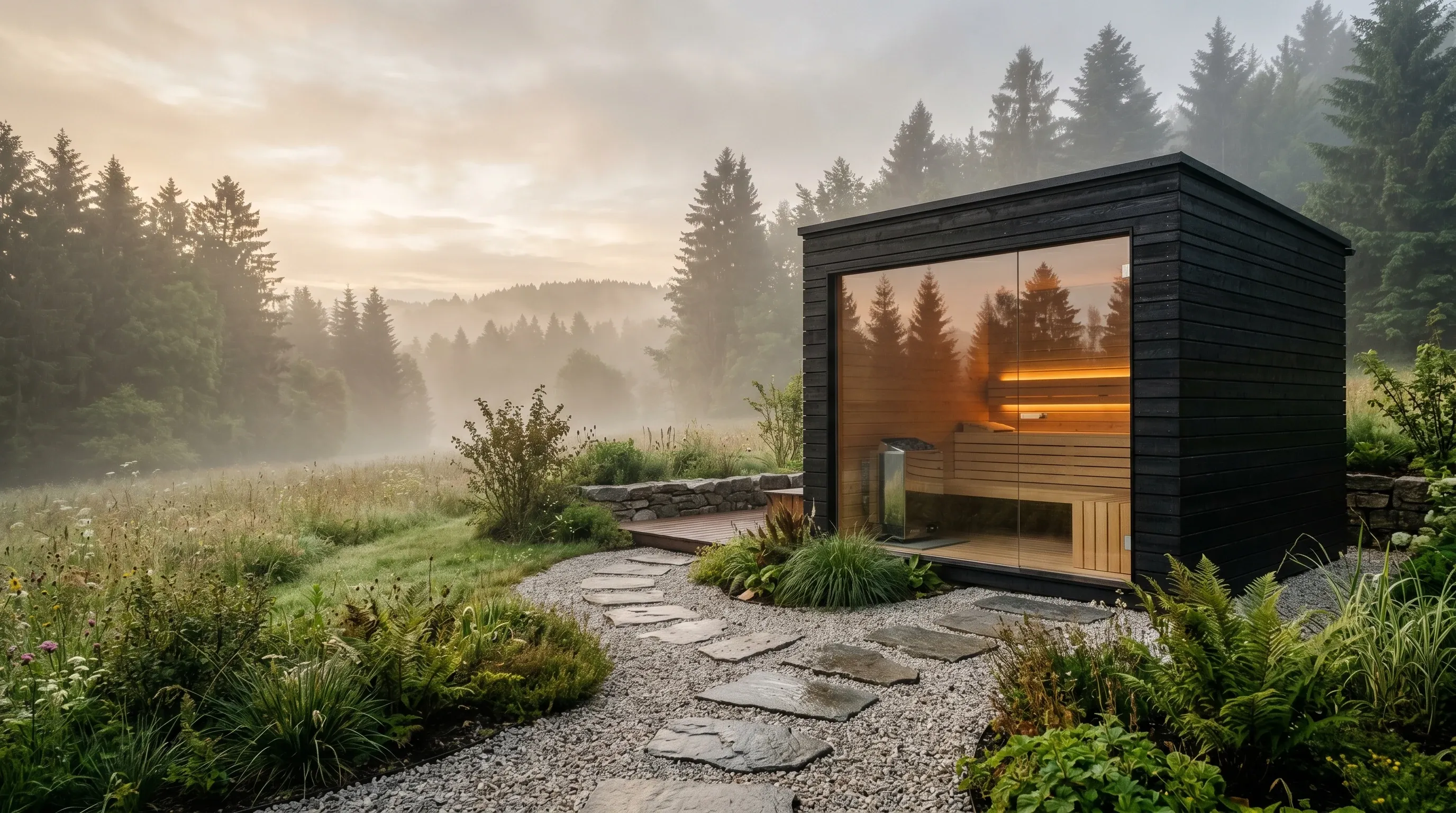 Premium Außensauna aus schwarz gebeiztem Zedernholz mit Panoramafront in einem niederbayerischen Garten bei Morgennebel