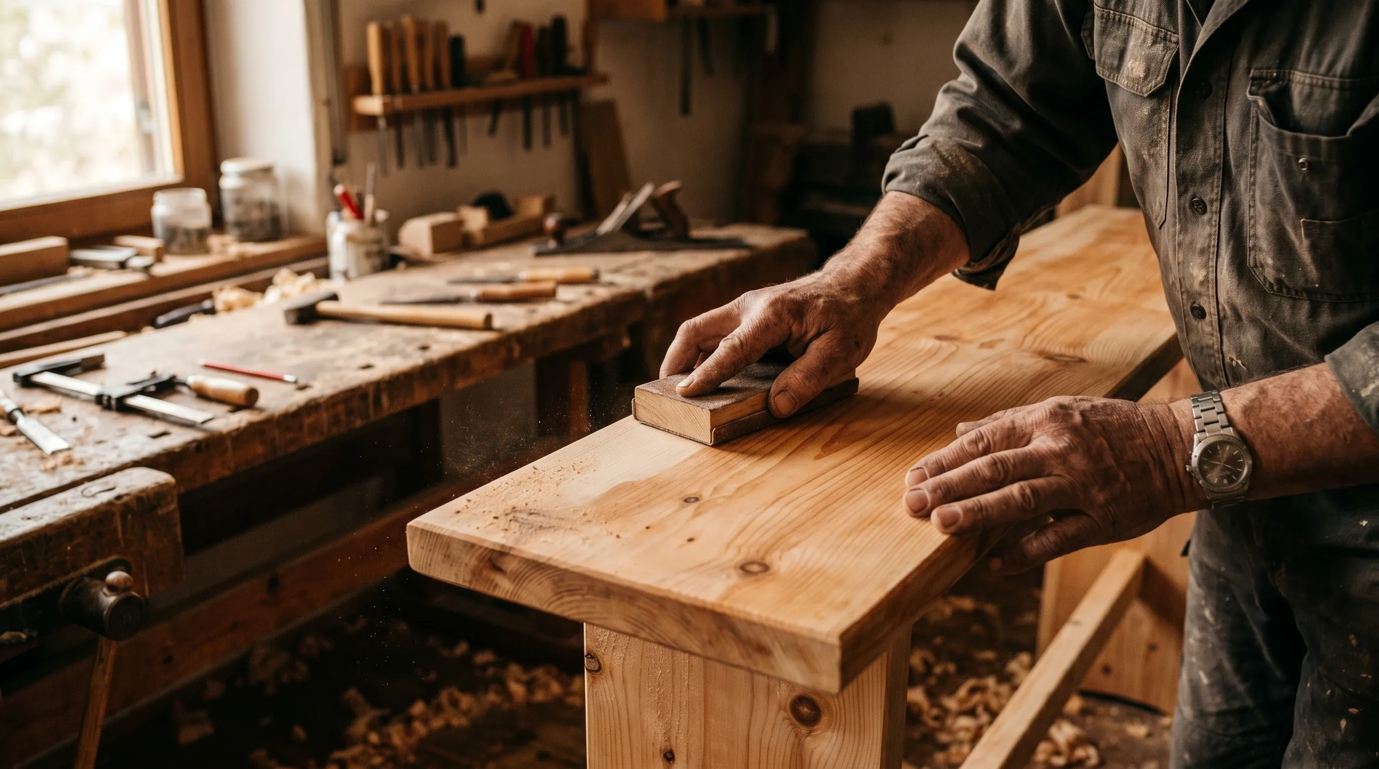 Handwerker veredelt eine Sitzbank aus Zirbenholz von Hand in einer Bayerischen Saunamanufaktur