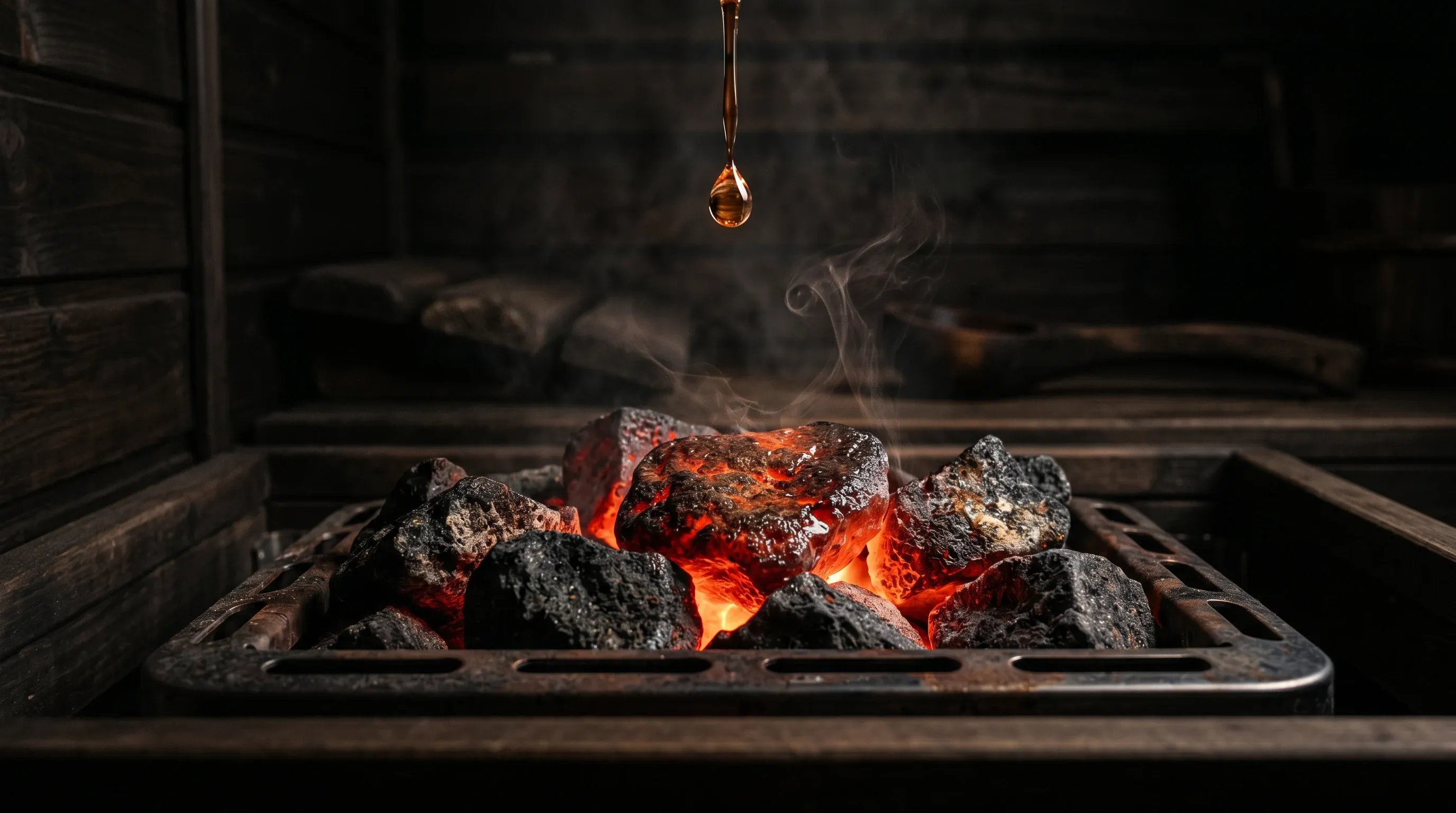 Glühende Saunasteine auf einem Premium-Saunaofen kurz vor dem Aufguss — Nahaufnahme mit aufsteigendem Dampf