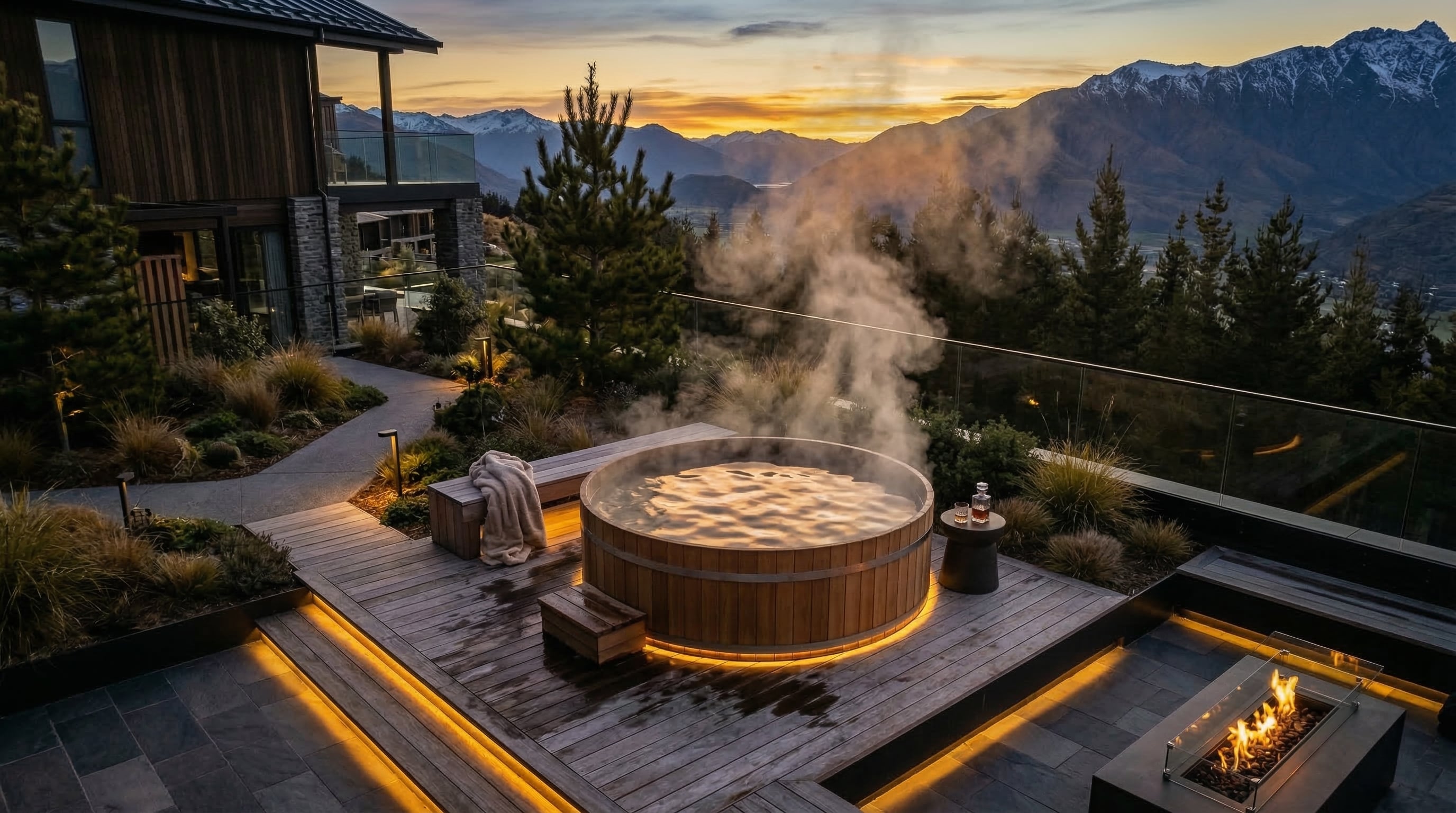 Premium Outdoor Hot Tub auf moderner Terrasse bei Sonnenuntergang