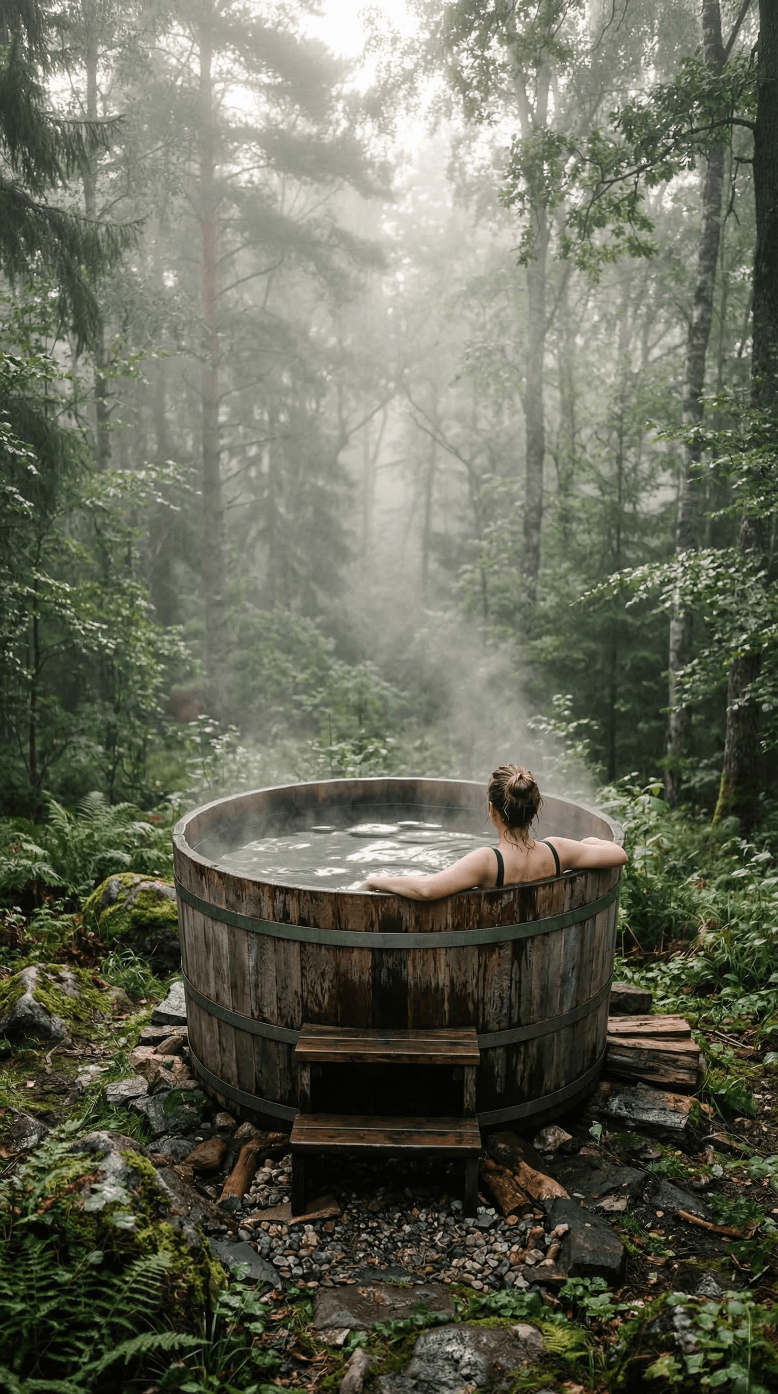 Traditionelles Eichenholz-Badefass im nebligen Waldlichtung