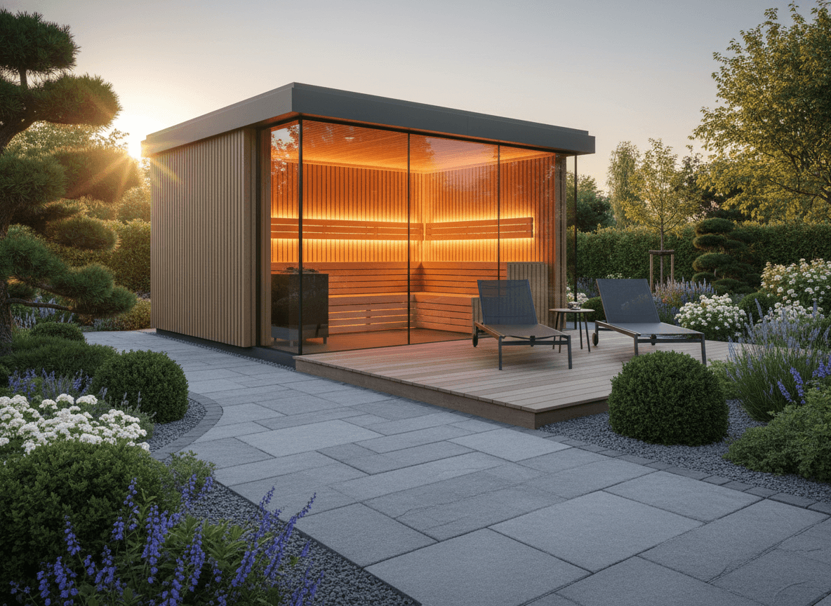 Referenzprojekt: Moderne Gartensauna mit großer Glasfront und Wellnessbereich bei Abenddämmerung
