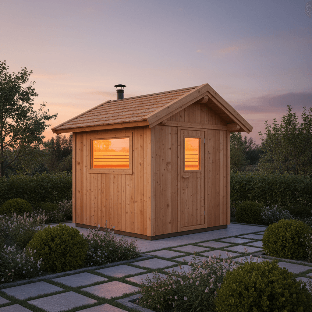 Klassische Aussensauna aus Holz im gepflegten Garten bei Sonnenuntergang
