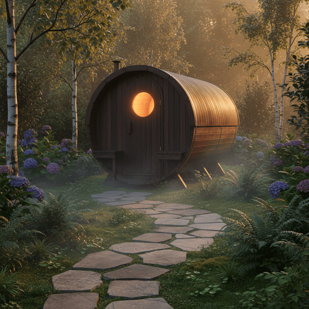 Hochwertige Fasssauna aus Thermokiefer im Garten bei Abenddämmerung mit warmem Innenlicht