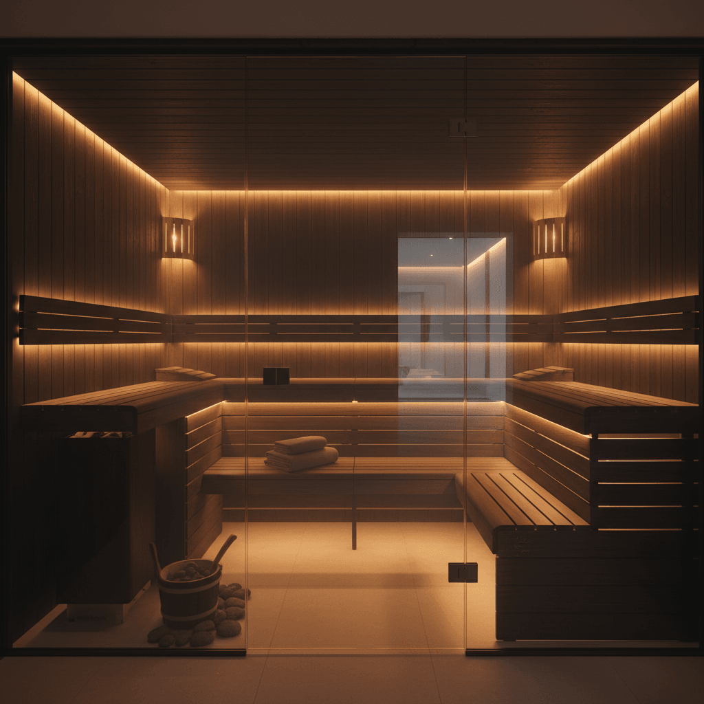 Individuell geplante Premium-Sauna aus dunklem Holz mit warmem Ambientelicht, moderne Architektur