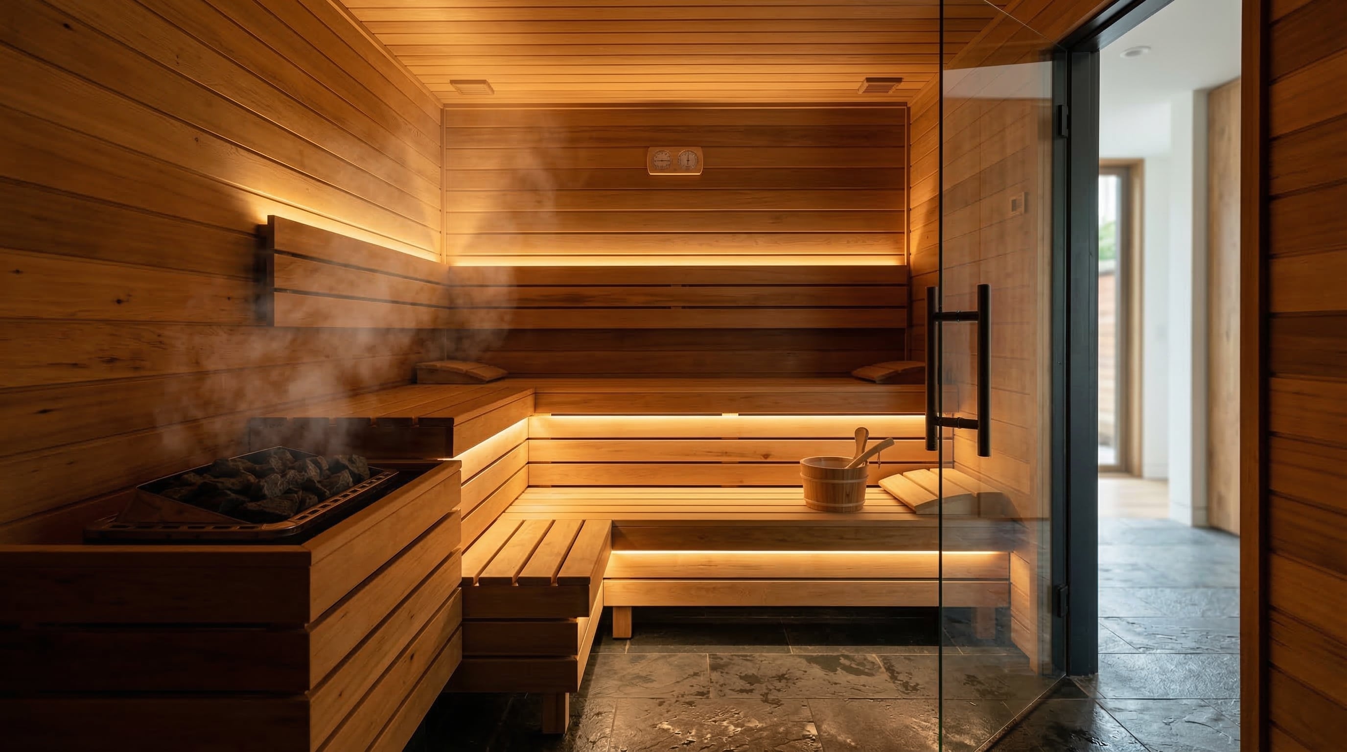 Luxuriöse maßgefertigte Innensauna aus Zedernholz mit warmem Ambientelicht