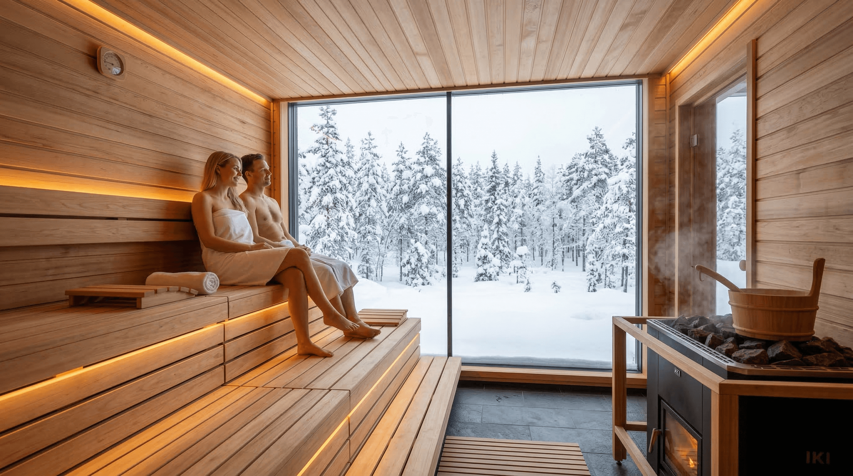Luxuriöse Innensauna aus Zedernholz mit Panoramafenster und warmem LED-Licht