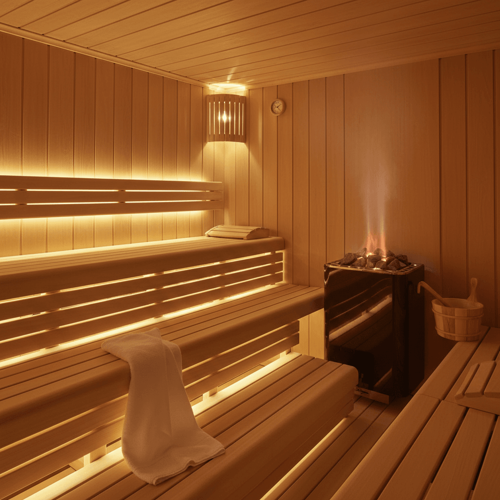 Elegante Innensauna aus Zirbenholz mit Finnischem Saunaofen und warmem Ambientelicht