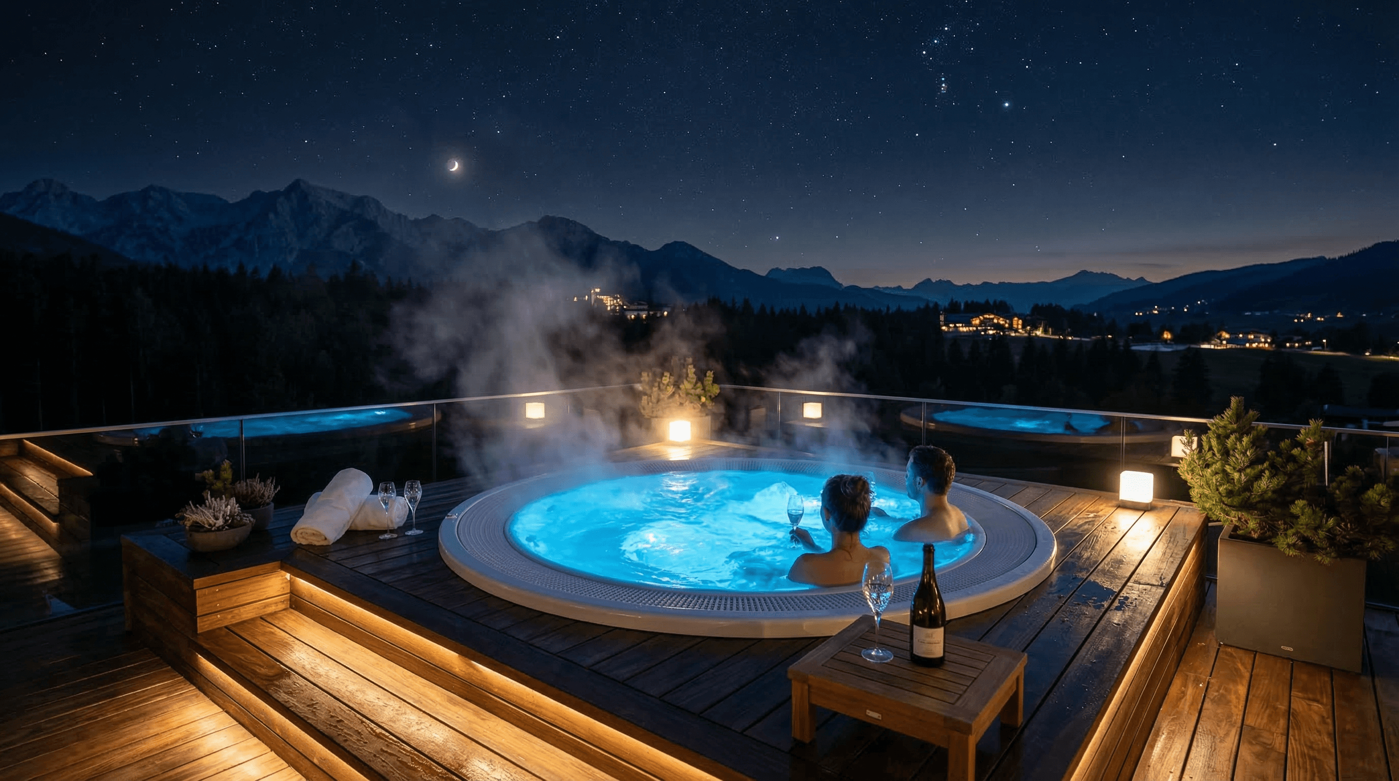 Premium Whirlpool auf Holzterrasse in der Abenddämmerung mit LED-Beleuchtung
