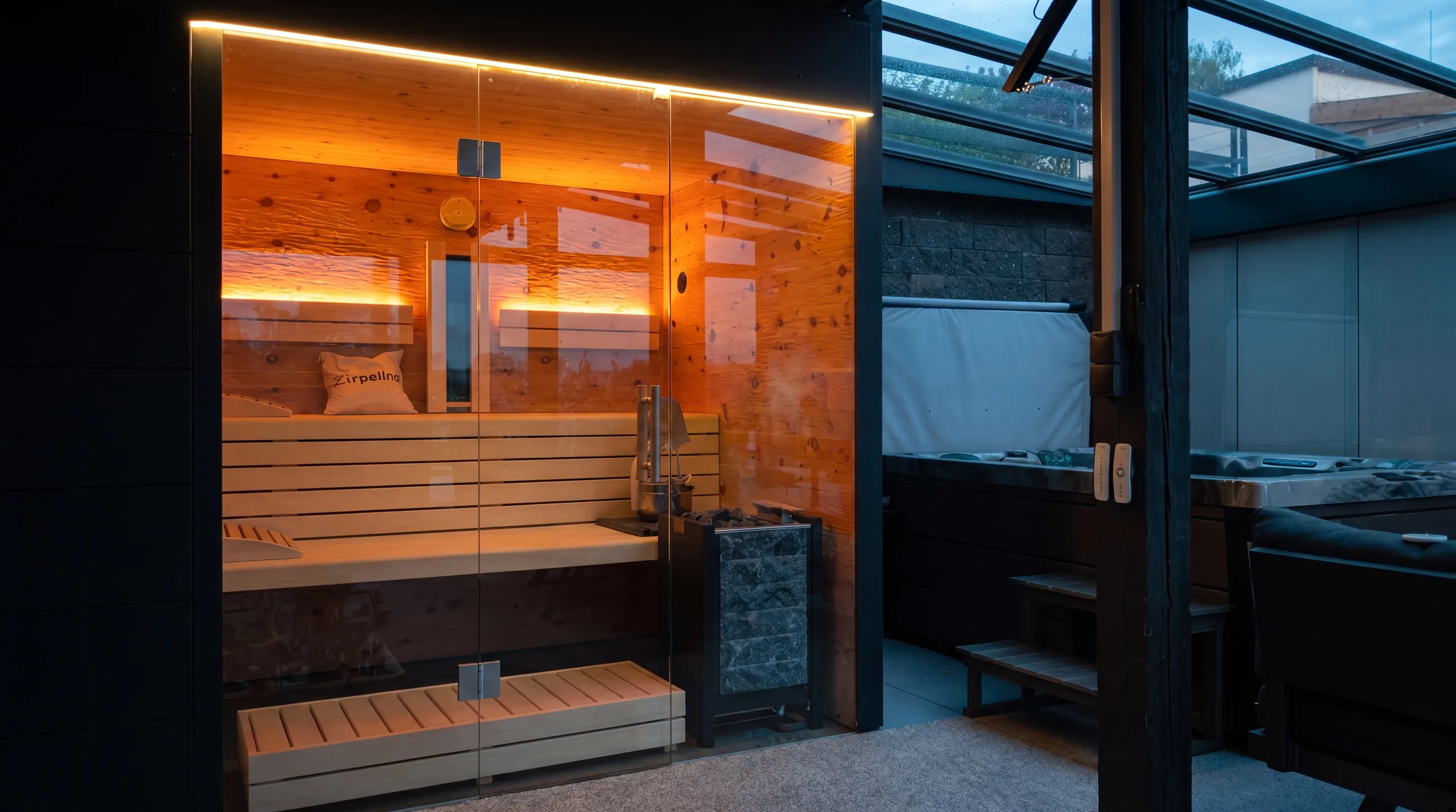 Premium Außensauna auf überdachter Terrasse mit Glasfront, warm beleuchtetem Zirbenholz-Innenraum und Saunaofen in der Abenddämmerung – Gartensauna von Hein Wellnesskonzepte