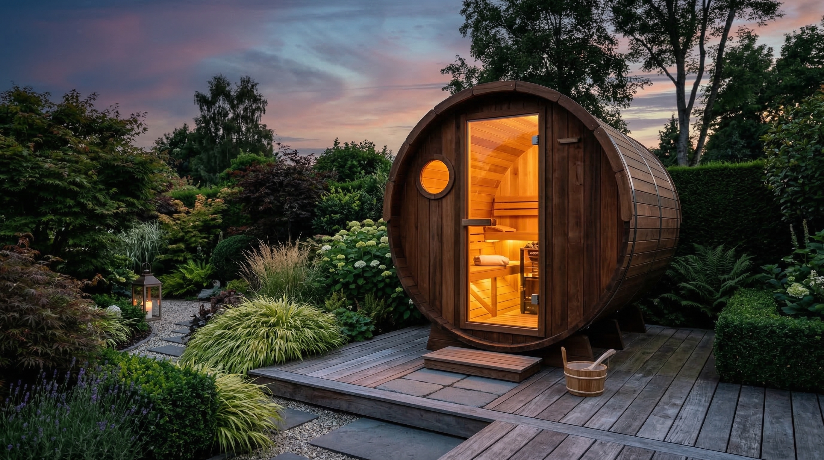 Moderne Fasssauna im Garten in der Abenddämmerung mit warmem Lichtschein