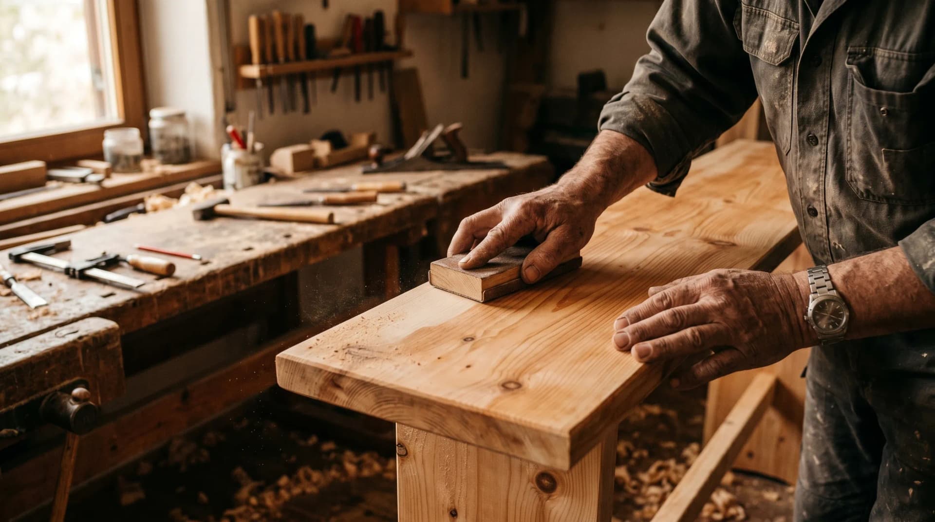 Handwerker veredelt eine Sitzbank aus Zirbenholz von Hand in einer Bayerischen Saunamanufaktur